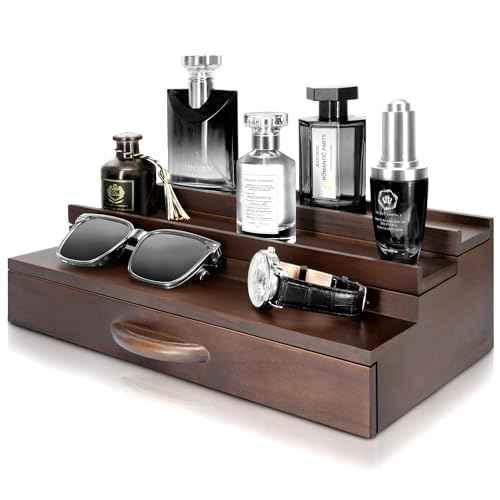 EOSAHR Farmhouse Wooden Cologne Organizer for Men - 3 Tier Perfume Stand Organizer for Dresser with Storage Drawer and Hidden Compartment - Great Gift for Men (Retro Brown)