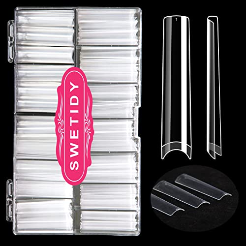 No C Curve 3XL Long Square Nail Tips for Acrylic Nails Professional, SWETIDY 360PCS Clear Straight Flattened Half Cover False Nails Tips with Case for Nail Salons and Home DIY, 12 Sizes