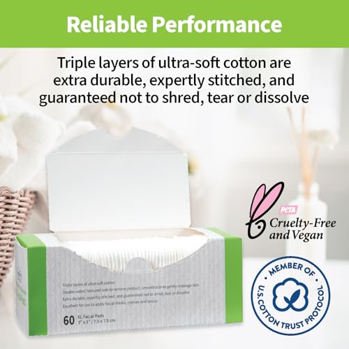 Pure & Simple XL Facial Pads - 60 Count, Vegan & Cruelty-Free, 3x3 Inches, Double-Sided Makeup Remover & Mask Application, Durable Cotton