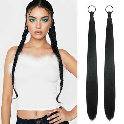 2 PCS Black Ponytail Extension with Hair Tie DIY Braided Ponytail Extension Warp Around Yaki Straight Sleek Hairpieces Light and Soft Fluffy Stayle Ponytail for Women Daily Party Use