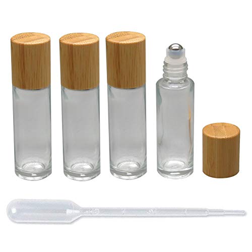LasenSensm 4-Pack 15ml Clear Glass Refillable Essential Oil Roller Bottles with Bamboo Lid, Stainless Steel Roller Ball, 3ml Dropper, Perfect for Travel & DIY