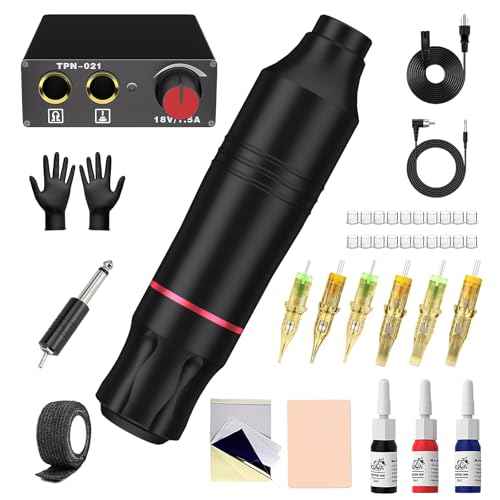 Tattoo Gun Kit for Beginners, Rotary Pen with Power Supply, Professional Ink Kit, Switch & Pigment, Light Tattoo Gun 6 Pcs Cartridge Needles, Complete Starter Set (Black)