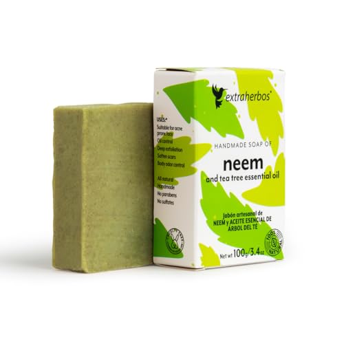 Extraherbos Handmade Neem Soap Bar - Natural Anti-Acne Face & Body with Tea Tree Oil - Organic Exfoliating Soap Bar for Oily Skin, Blemishes & Odor Control - 100g/3.4oz