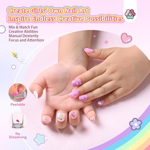 SAVILAND Kids Press On Nails 6 Pack with 3D Stickers - Pre-Glue Full Cover Short Acrylic Tips (Pink Purple Yellow Blue)