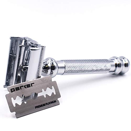 Parker 99R Chrome Long Handle Heavyweight Butterfly Open Double Edge Safety Razor for Men, 5 Parker Premium Platinum Double Edge Razor Blades Included