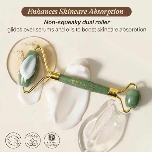 Beauty by Earth Jade Roller for Face - Smoothes Fine Lines & Wrinkles, Face Massager Skin Care Tools with Small Eye Roller for Puffy Eyes, De-Puffing & Firming Facial Tool, Self Care Gifts for Women
