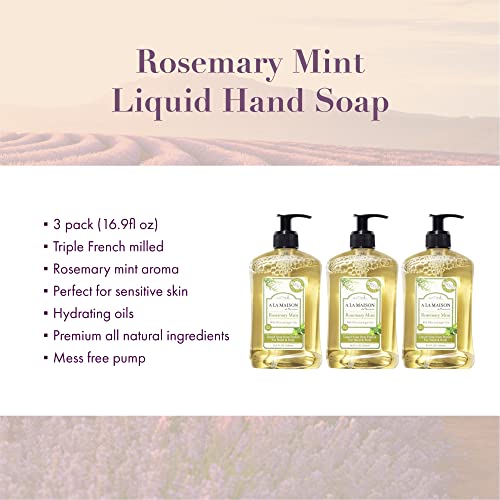 A LA MAISON French Liquid Hand Soap, Rosemary Mint - Natural Hand Wash Made with Essential Oils - Biodegradable, Plant-Based, Vegan, Cruelty-Free, Alcohol & Paraben Free (16.9 oz, 3 Pack)