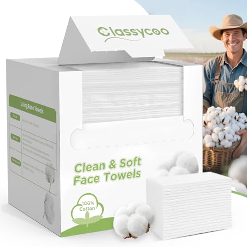 Classycoo XL Disposable Face Towel, 100% Cotton Ultra-Soft for Sensitive-Skin, Odor-Free,Facial Cleansing Wipes Makeup Remover Cloths for Travel, Home Hand Dry Wipe(12 x 10 Inch, 50 Count)