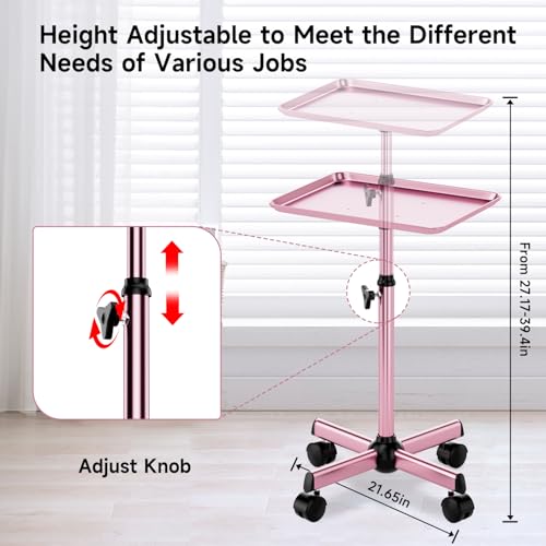 Salon Tray Cart Rolling Tray Spa Tray,Tattoo Tray Dental Tray Height Adjustable,Salon Tray on Wheels Premium Metal Rolling Trolley,Pink