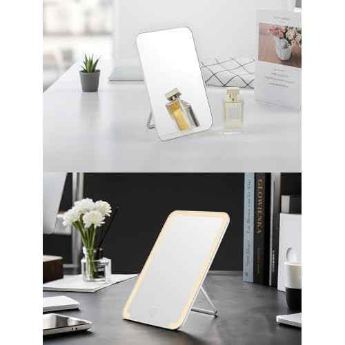 OMIRO Desk Makeup Mirror, 8 x 5 inches Table Mirror with Foldable Stand and Hanging Hole for Shaving and Travelling, White