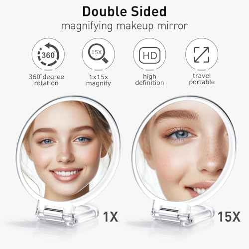 LFOYOU Magnifying Handheld Mirror Double Sided, 1X 15X Magnification Hand Mirror, Travel Folding Held Adjustable Rotation Pedestal Makeup Desk Vanity Mirror