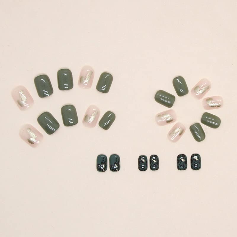 24Pcs Press on Nails Short Square Fake Nails with Gold Foil Leopard Print Design Glue on Nails Green Glossy Artificial Nails Acrylic Nails Full Cover Stick on Nails for Women DIY Manicure Decoration