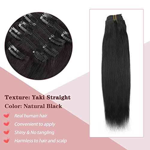 SixStarHair Yaki Straight Clip In Hair Extensions Real Human Hair 14inch Coarese Yaki Hair Extensions with Clips 120g 7 Pieces Thick Double Wefted Hair Extensions Italian Yaki Hair Extensions