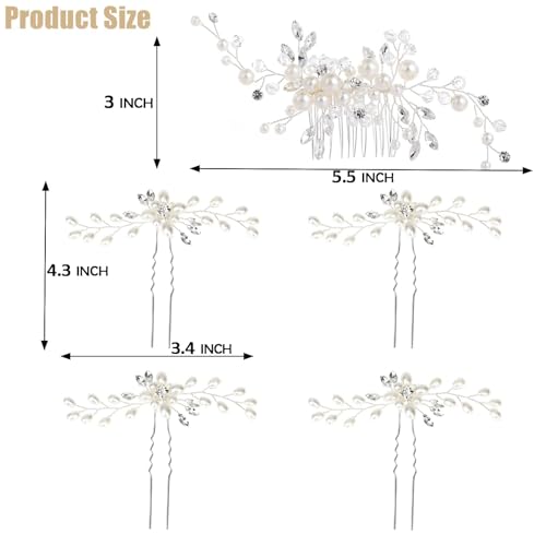 5-Piece Bridal Hair Comb & Pins Set with Pearls & Rhinestones