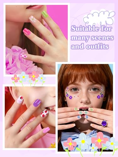 EBANKU Kids Press-On Nails Set A - 130 Fake Nails with Adhesives, French Flower Design, Child Friendly