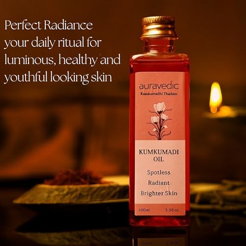 Auravedic Kumkumadi Oil Pure Saffron for Ultra Radiant Skin | Ayurvedic Oil for Dull, Dehydrated & Tired Skin | Lightweight Hydrating Formula for Smooth Texture | 3.38 Fl Oz (100ml)