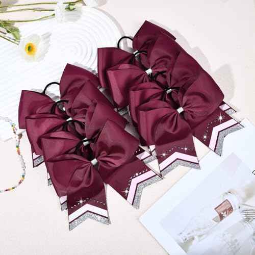 8PCS Glitter Cheer Bow Large Maroon Cheer Bows Rhinestones Hair Bows Girls 8"Cheerleading Bows Bulk Elastic Band Ponytail Holder for Teen Girls College Sports Competition
