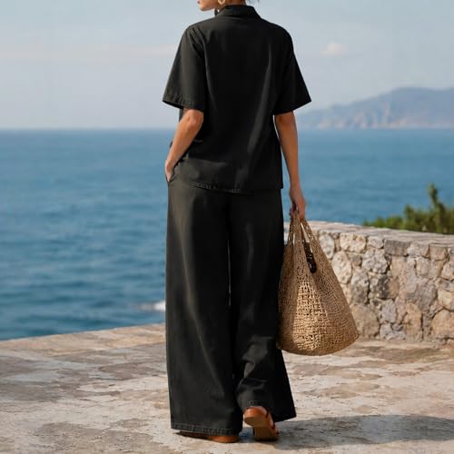Women's Denim 2-Piece V-Neck Pant Suit - Trendy Wide Leg Outfit