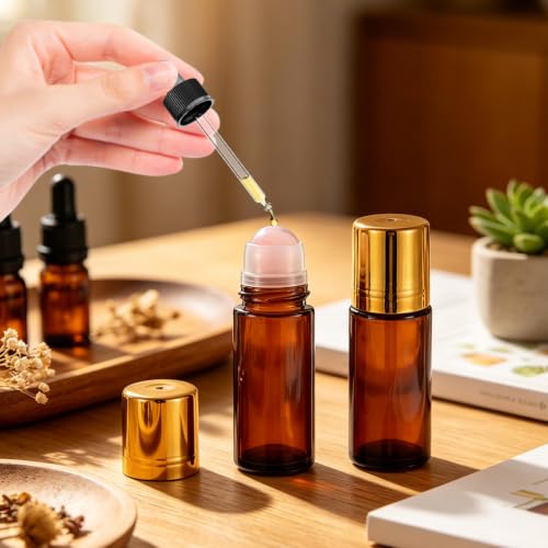 2 Pack 1.7oz Amber Glass Roll-On Bottles with Rose Quartz Roller for Essential Oils & Skincare