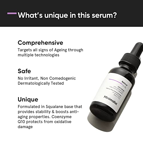 Minimalist 0.3% Retinol Serum with Bakuchiol Oil For Anti Aging | Night Face Serum With Squalane Base & Coenzyme Q10 To Reduce Fine Lines & Wrinkles | For Women & Men | 1 Fl Oz / 30 ml