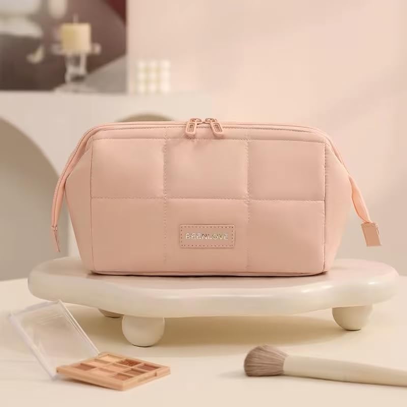 Pink Travel Makeup Bag with Brush Pocket & Compartments