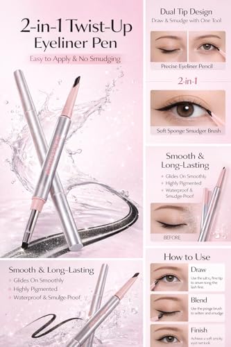 Liquid Gel Eyeliner Waterproof - Smudge-Proof, Dual-Ended with Brush