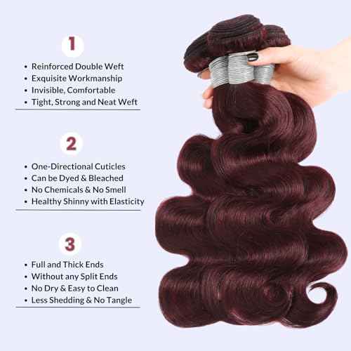 99j Dark Burgundy Body Wave 3 Bundles with 4x4 Closure Human Hair HD Lace Free Part, 12A Soft and Glossy #99j Wine Color 100% Brazilian Virgin Remy Hair Bundles with Closure 14 16 18+14 Inch