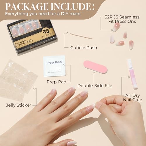 UNA GELLA Press On Nails Short Almond Ombre - 32 Reusable Gel Nails