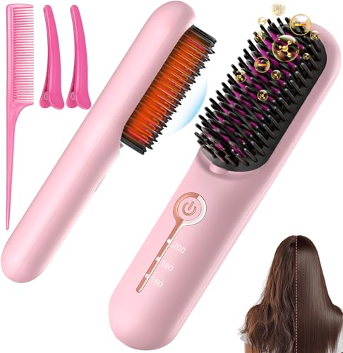 Cordless Hair Straightener Brush - Portable Ionic Frizz-Free Styling