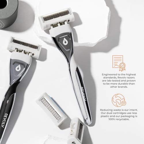 REVOLV - Men¡¯s Razor - 1 Premium Weighted Handle + 1 Dual-Sided Cartridge - For a Closer, Smoother Shave - Safe on Sensitive Skin - Black