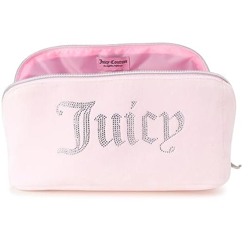 Juicy Couture Pink Makeup Bag Cosmetics Organizer Travel Essentials Cross Zip Velour Rhinestone Silver Handle
