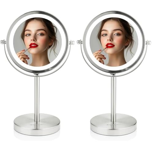 OVENTE Lighted Vanity Mirror 6 Inch Table Top 1X 7X Magnification LED 360 Adjustable Double Sided Spinning Personal Makeup Stand Desk Bathroom Battery Powered Round Large Nickel Brushed MLT60BR1X7X