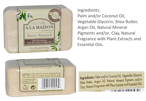 A LA MAISON Sweet Almond Bar Soap - Triple French Milled Natural Moisturizing Hand Soap Bar (1 Bar of Soap, 8.8 oz)