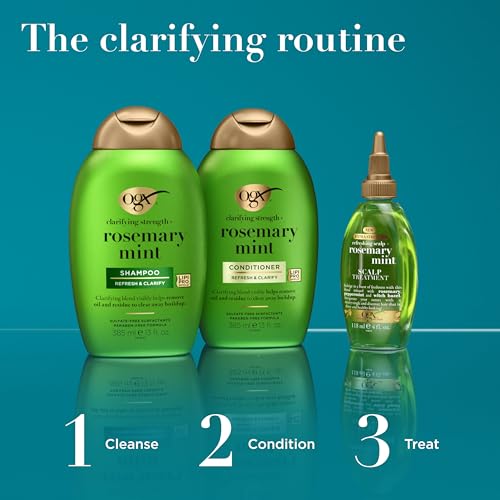 OGX Clarifying Strength + Rosemary Mint Shampoo, Clarifying Shampoo for Oily Hair Visibly Helps Remove Oil & Residue to Clear Away Buildup, Sulfate-Free Surfactants, 25.4 fl. Oz