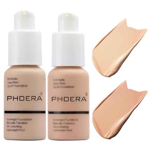 2 Pack PHOERA Foundation 102# Nude 103# Warm Peach,Flawless Soft Matte Liquid Foundation 24 HR Oil Control Concealer Foundation Makeup.