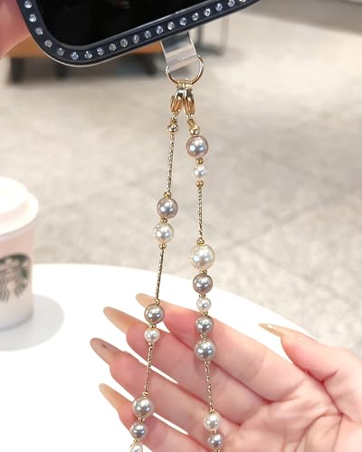 White Pearl Phone Charm Wrist Strap with Gold Beaded Lanyard