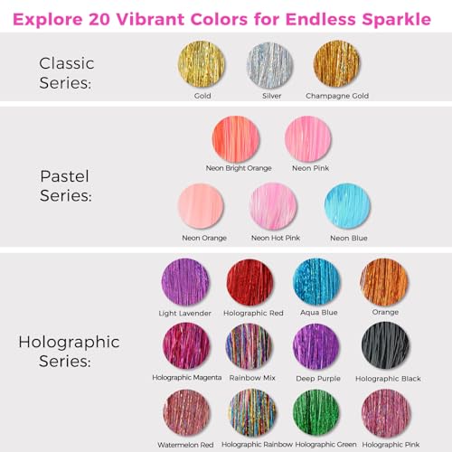 Hair Tinsel Kit - 8700+ Strands in 20 Colors, 48-Inch Glitter Extensions