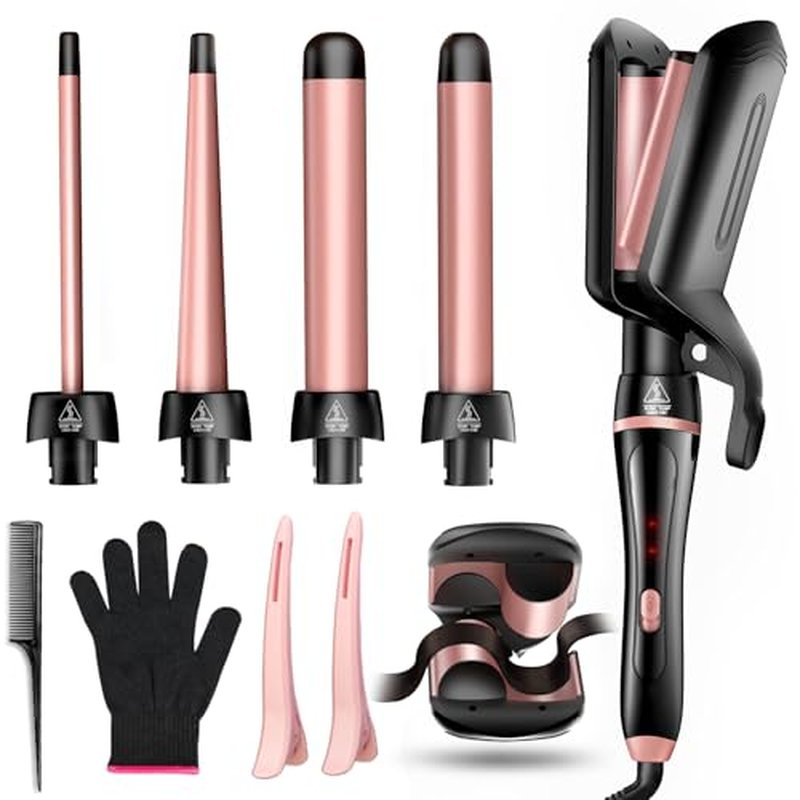 5-in-1 Curling Iron Wand Set with 4 Ceramic Barrels & Crimper