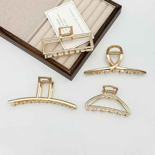 4 Pack Large Metal Hair Clips for Thin to Thick Curly Hair, 4.3 Inch Big Nonslip Gold Color Clamps, Perfect Fashion Jaw Claw Hair Styling Accessories for Women and Girls, Christmas Gifts