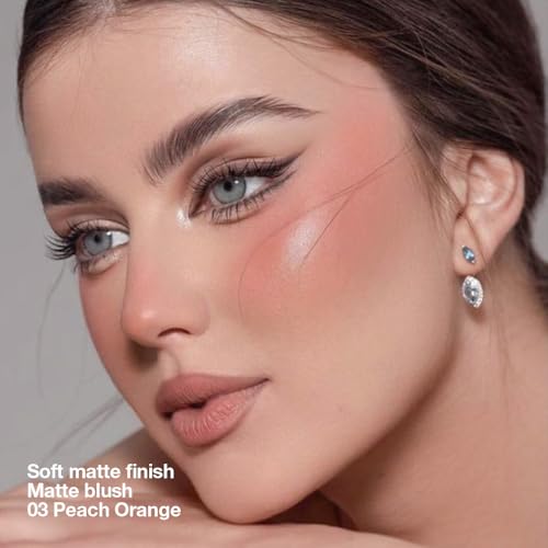 Single Warm Peach Orange Matte Powder Blush Palette Face Makeup - Buildable High-Impact Cream Blush, Youthful Cheeks Makeup, Lightweight Long-Lasting, Cruelty-Free for Women 03#