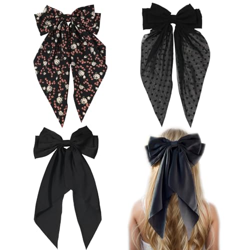 LFOUVRE Black Bow Clip 3pcs, Floral Hair Bow Clips for Girls with Tail, Big Hair Bows for Women, Bows for Girl Bowknot Barrettes, Hair Accessories