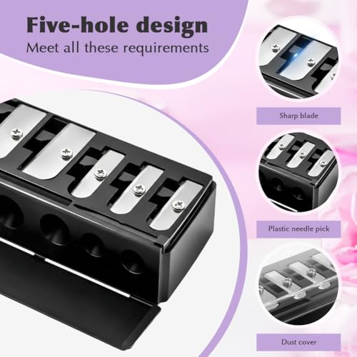5-Hole Cosmetic Makeup Pencil Sharpener - 2 Pack with Cleaning Picks (Black)