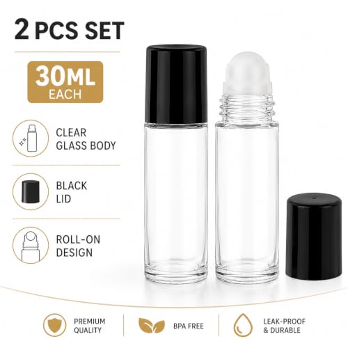2Pcs 30ml Glass Roller Bottle Set with Black Lids & Stainless Roller Balls
