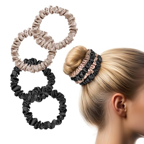 Zenssia Mulberry Silk Scrunchies 4pc – Black & Coffee, Skinny Hair Ties for Fine Hair