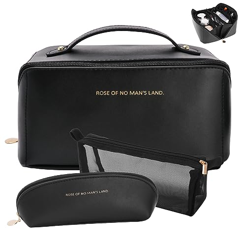 3 Pcs Travel Makeup Bag Portable Large Capacity Cosmetic Bags for Women Open Flat Makeup Case Organizer Bag Set of 3 Waterproof PU Leather Toiletry Bags with Divider and Handle (Black, Medium)