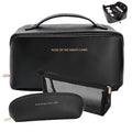 3 Pcs Travel Makeup Bag Portable Large Capacity Cosmetic Bags for Women Open Flat Makeup Case Organizer Bag Set of 3 Waterproof PU Leather Toiletry Bags with Divider and Handle (Black, Medium)