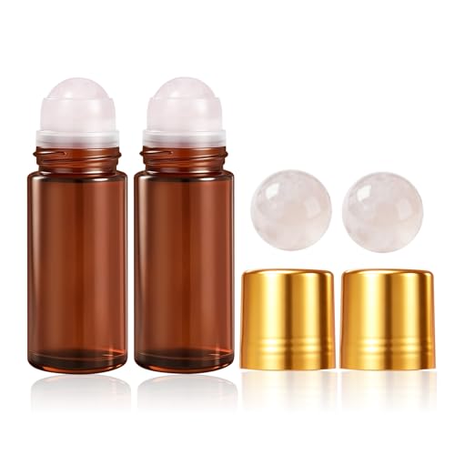 Rose Quartz Essential Oil Roller Bottles - 50ml Refillable Amber Glass (2 Pack)