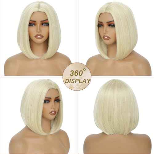 Blonde Bob Wig for Women 12 Inch Straight Blonde Wigs Middle Part Heat Resistant Synthetic Wig