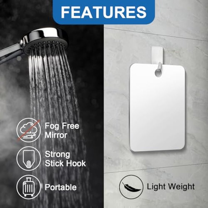 Fogless Shower Mirror for Shaving – 9.4"x7.4" Shatterproof with Hook