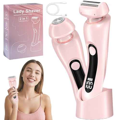 NaTuGi 2 in 1 Electric Shaver for Women Wet Dry Dual Use IPX7 Waterproof with LED Display USB Recharge Dock Dry Use Body Hair Trimmer and Facial Hair Remover for Bikini Underarm Leg Arm Face (Pink)